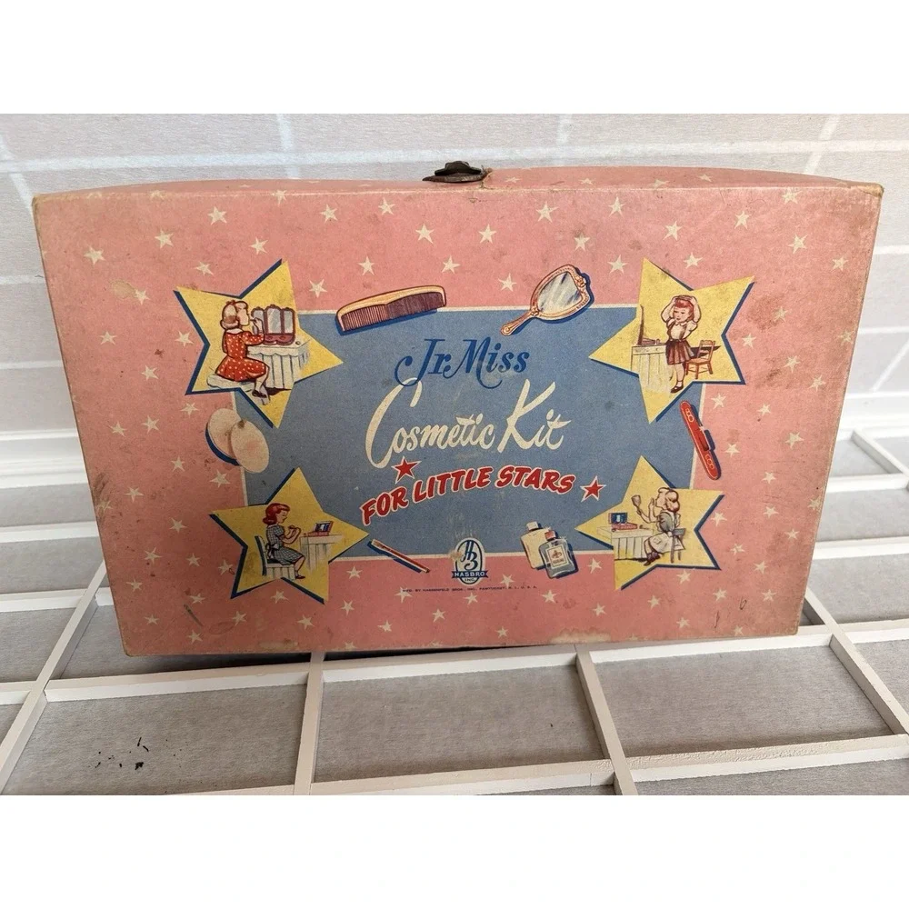 Vintage 1950s Hasbro Jr Miss Cosmetic Kit Box Toy Makeup Doll Hair Curlers Lot